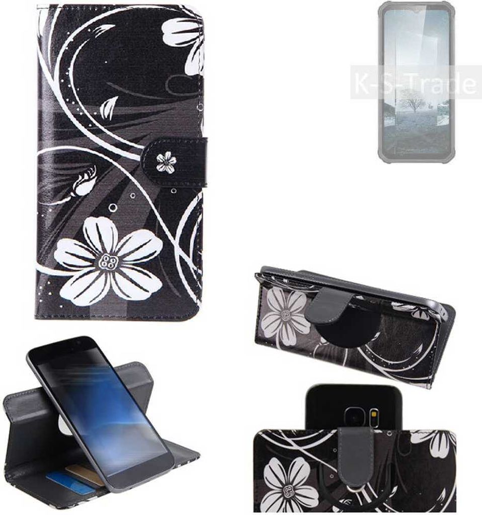 K-S-Trade Schutzhülle Handyhülle kompatibel mit Oukitel WP22 Hülle 360° Wallet Case “Flowers“ Klapphülle Hülle schwarz-weiß 1x