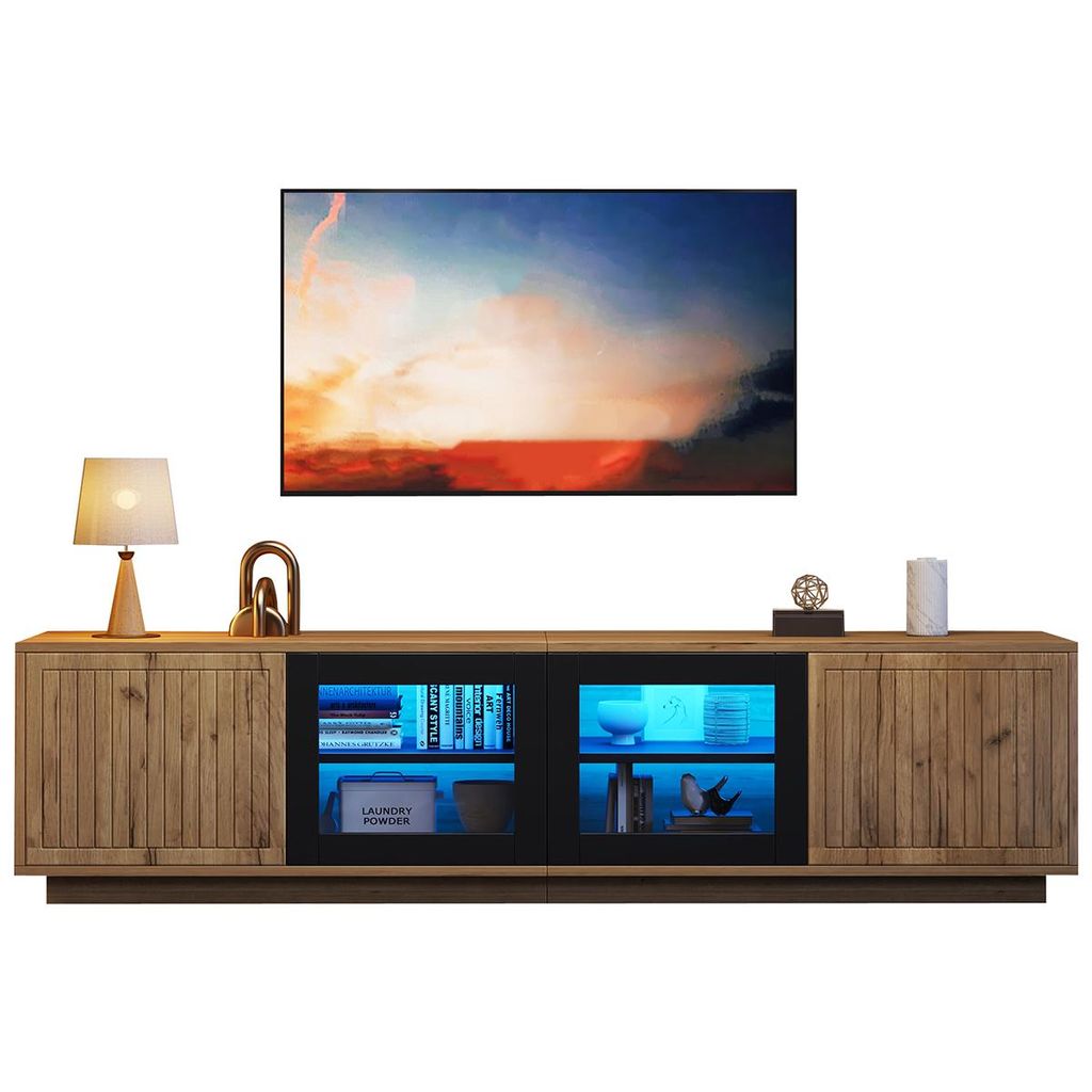TV-Schrank mit zwei Schränken und LED-Lichtleiste TV-Lowboard TV-Tisch TV-Ständer für Fernseher bis zu 75 Zoll 180*40*45cm Naturholzfarbe