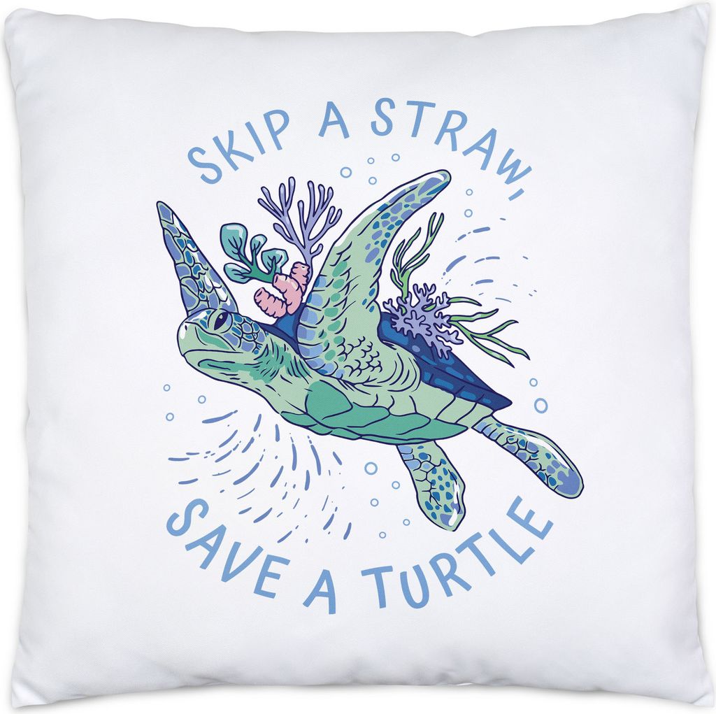 Skip A Straw Save A Turtle Kissen Inkl. Füllung Strohhalm Plastik Schildkröte Meere Ozean Natur Umwelt