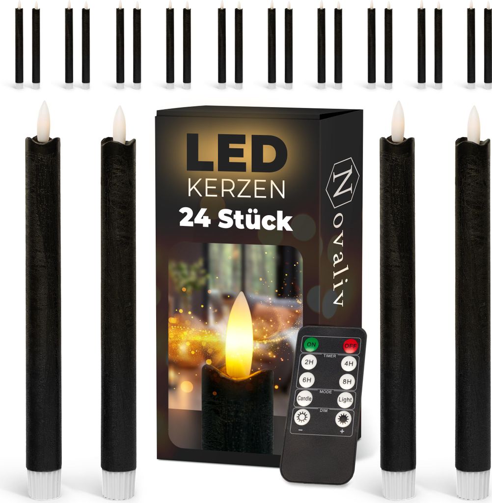 LED Stabkerzen 12 Stück ECHTWACHS SCHWARZ mit Timer Funktion 6 Stunden 23cm Höhe für Kerzen 2,2cm Durchmesser 2 AAA Batterien notwendig LED Stab...