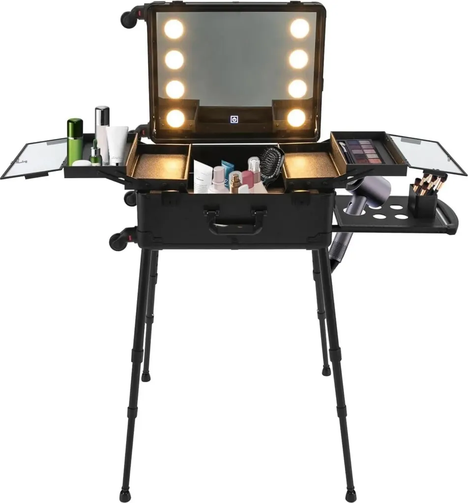 Mallette maquillage professionnelle à roulettes miroir LED pieds réglables