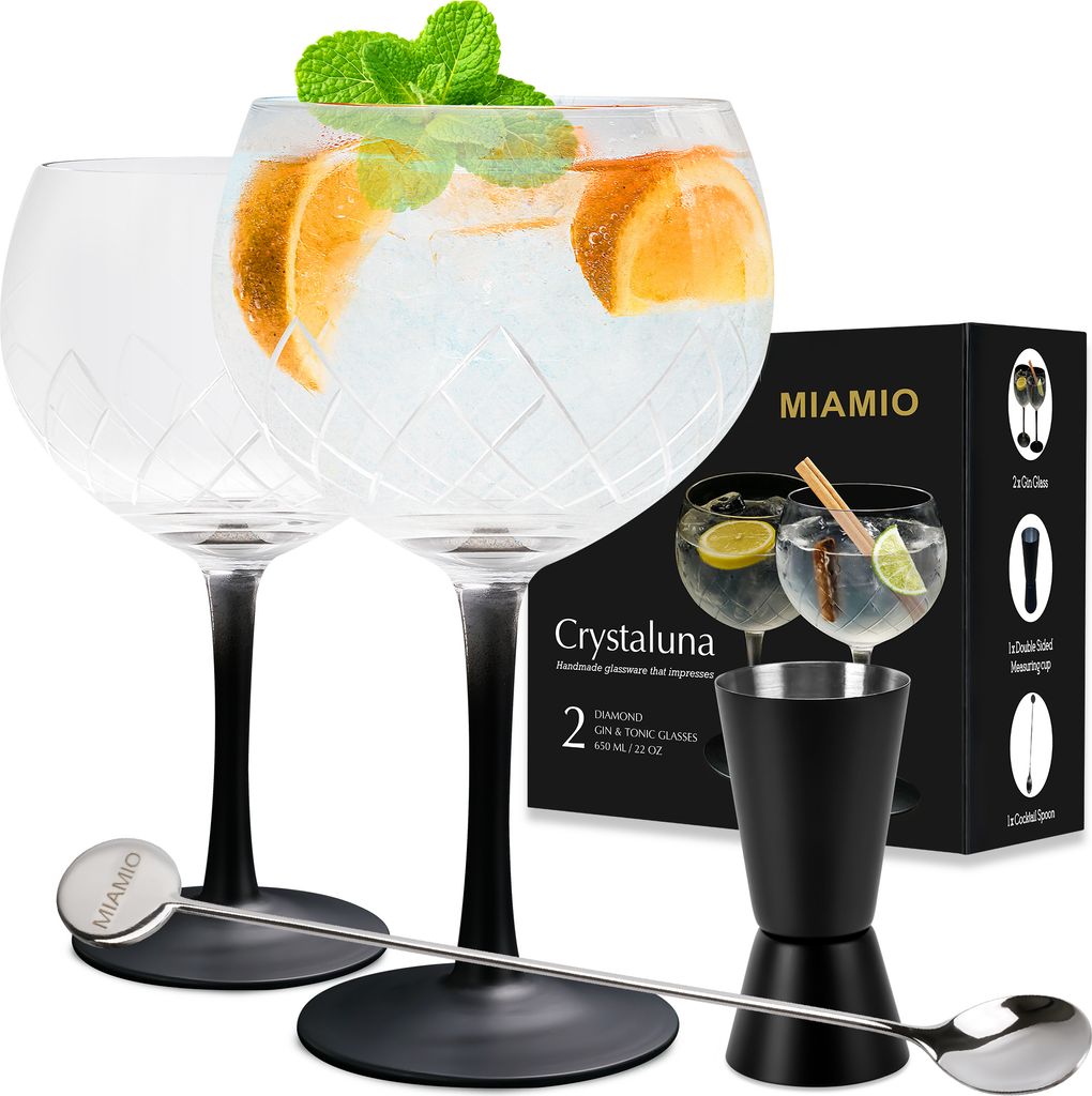 MIAMIO - 2er Gin Gläser Set 2 x 650 ml inkl. Messbecher und Rührlöffel
