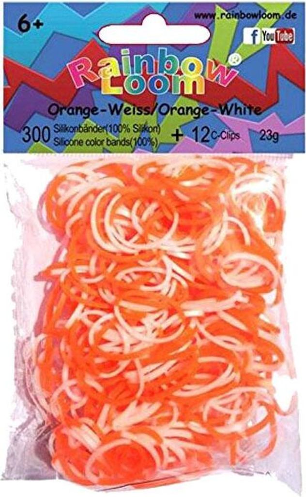 Original Rainbow Loom Farbe Duo Farben Orange Weiß 300 Gummibänder + 12 Clips