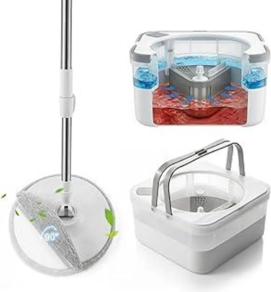 Set mocio DEANIC 90° con secchio, sistema a 2 scomparti per separare l'acqua sporca da quella pulita, mocio piatto con funzione di strizzatura, pulisce senza fatica angoli e bordi con panni in microfibra (bianco)
