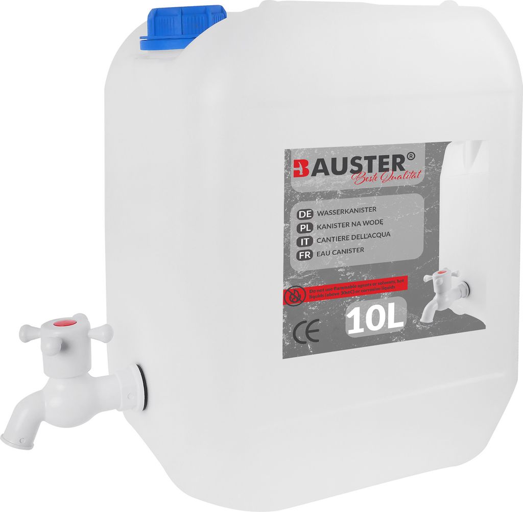 BAUSTER Wasserkanister 10L mit Hahn Kunststoffwasserkanister, Trinkwasserkanister, Handwaschwasser, Wasserkanister mit Hahn für Camping, vertikal