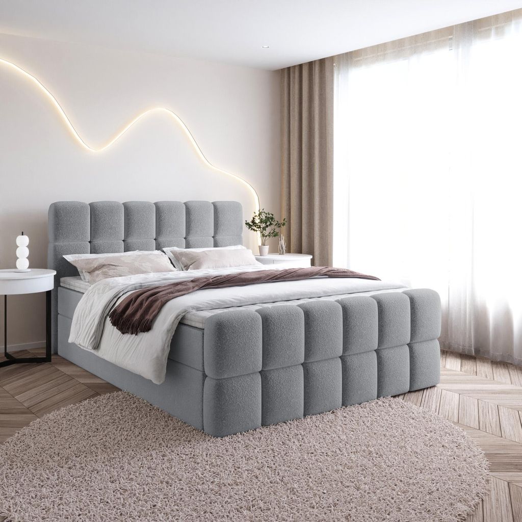 Bett Boxspringbett SELA Topper VISCO mit Bettkästen - Doppelbett, Stauraum, Schlafzimmer, Polsterbett, Bettgestell (200x200, Grau - Fredo 35)