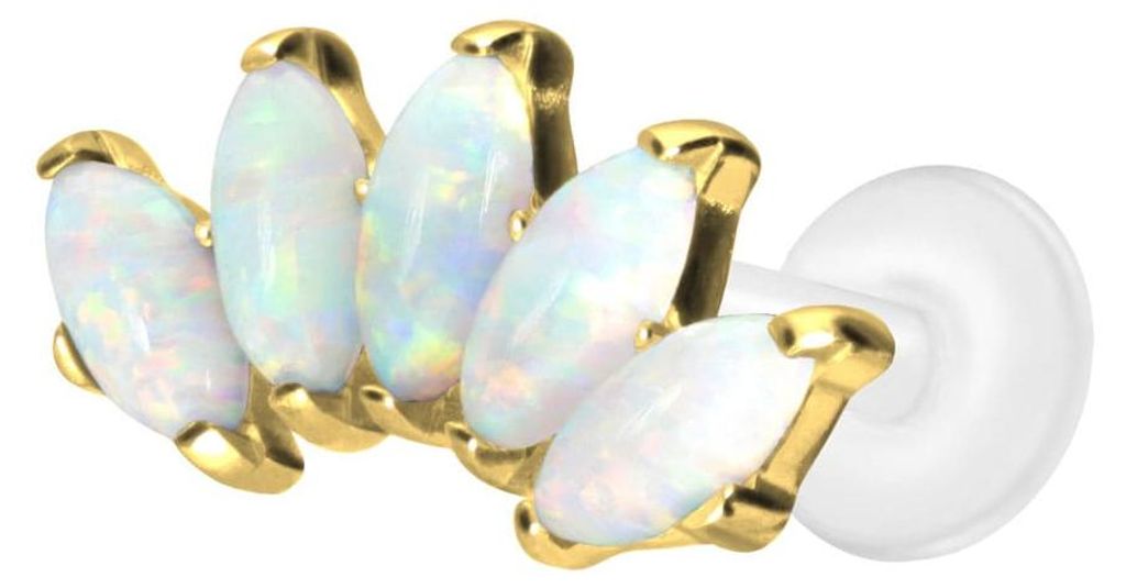 Ohrpiercing, Nasenpiercing PTFE Labret mit Innengewinde + Titan-Aufsatz BOGEN + SYNTHETISCHE OPALE Gold Stablänge: 7mm | Stabstärke: 1,2mm