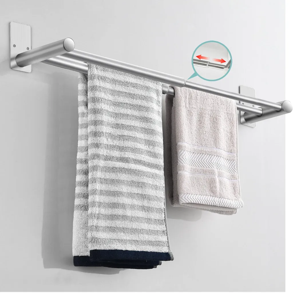 Porte-serviettes double en inox argenté sans perçage, format extensible