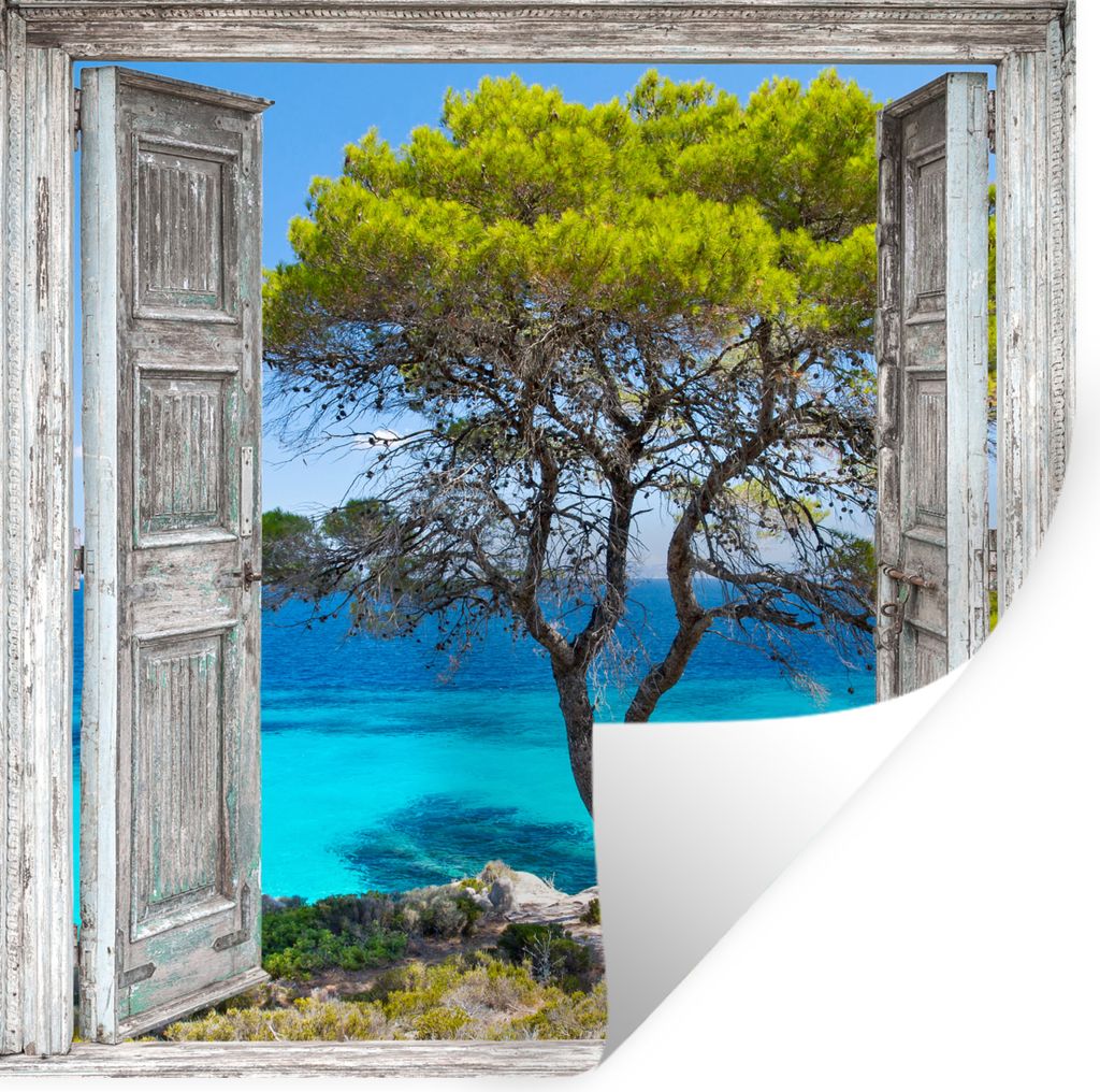 MuchoWow Wandtattoo Wandsticker Wandaufkleber Baum - Tropisch - Meer - Blick - Strand 100x100 cm Selbstklebend und Repositionierbar - Wierderverw...