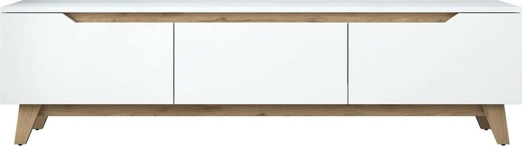 Fernsehschrank Cor, Ständer für Wohnzimmerfernseher, Niedriges Wohnzimmer-Sideboard, TV-Ständerbasis, 180x35h49 cm, Weiß und Eiche