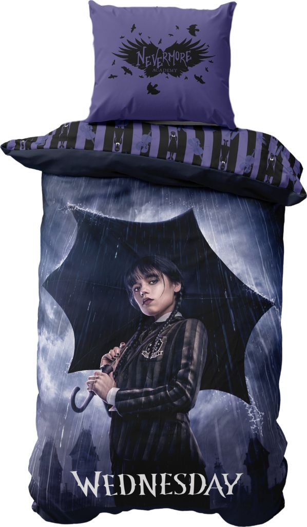 A bedding set featuring Wednesday Addams under an umbrella in the rain.
