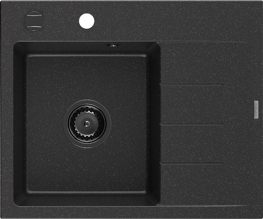 Mexen Ben Granitspüle 1-Becken mit linker Abtropffläche 600 x 500 mm schwarz/silber metallic, schwarze Siphon - 6522605000-73-B