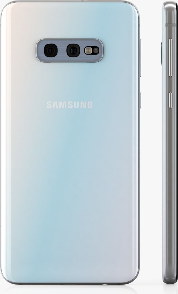 A white Samsung Galaxy S10e smartphone is shown from the back and side.