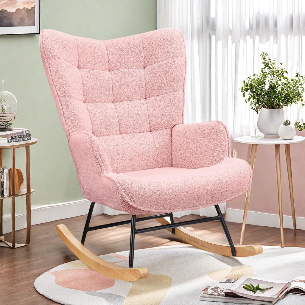 Schaukelstuhl Schaukelstuhl Stillsessel Relaxsessel Schaukelsessel Mit Holzkufen Wohnzimmersessel für Schlafzimmer Kinderzimmer Rosa