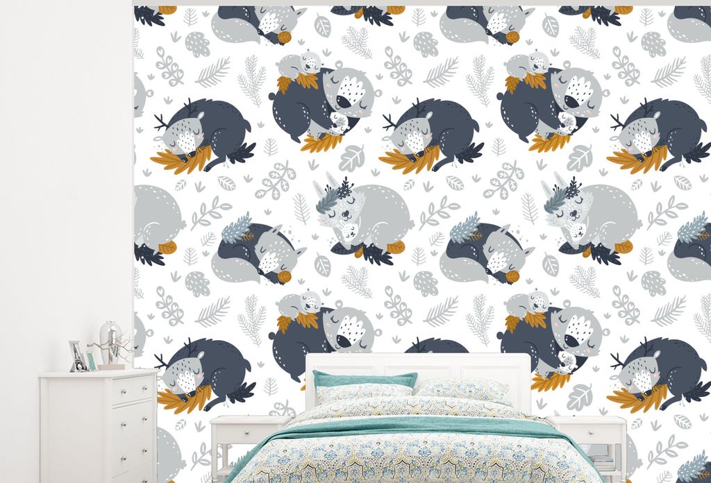 MuchoWow Fototapete für Wohnzimmer oder Schlafzimmer Wandtapete Vinyl Motivtapete Muster - Kinder - Tiere - Schlafen - 325x260 cm - Tapete