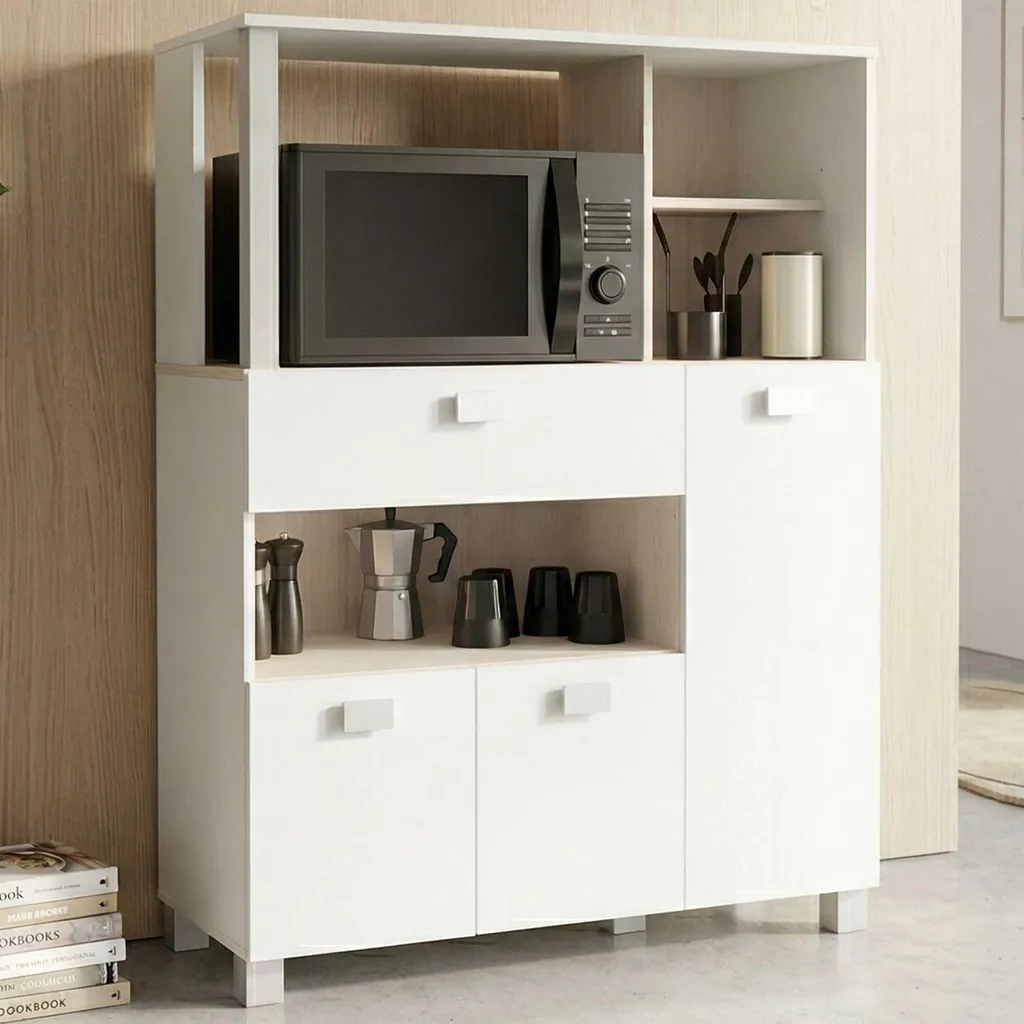 Aménager une petite cuisine avec le meuble micro-ondes Basiel blanc mat
