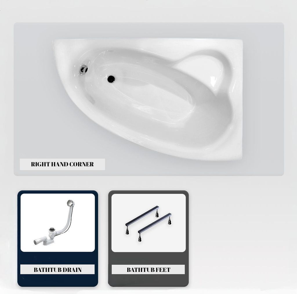 Asymmetrische Badewanne - 150 x 100 cm - Rechts - mit Verkleidung - mit Füßen - mit Griffen - Kopfstütze - Ablaufgarnitur Chrom - NATALIA PREMIUM