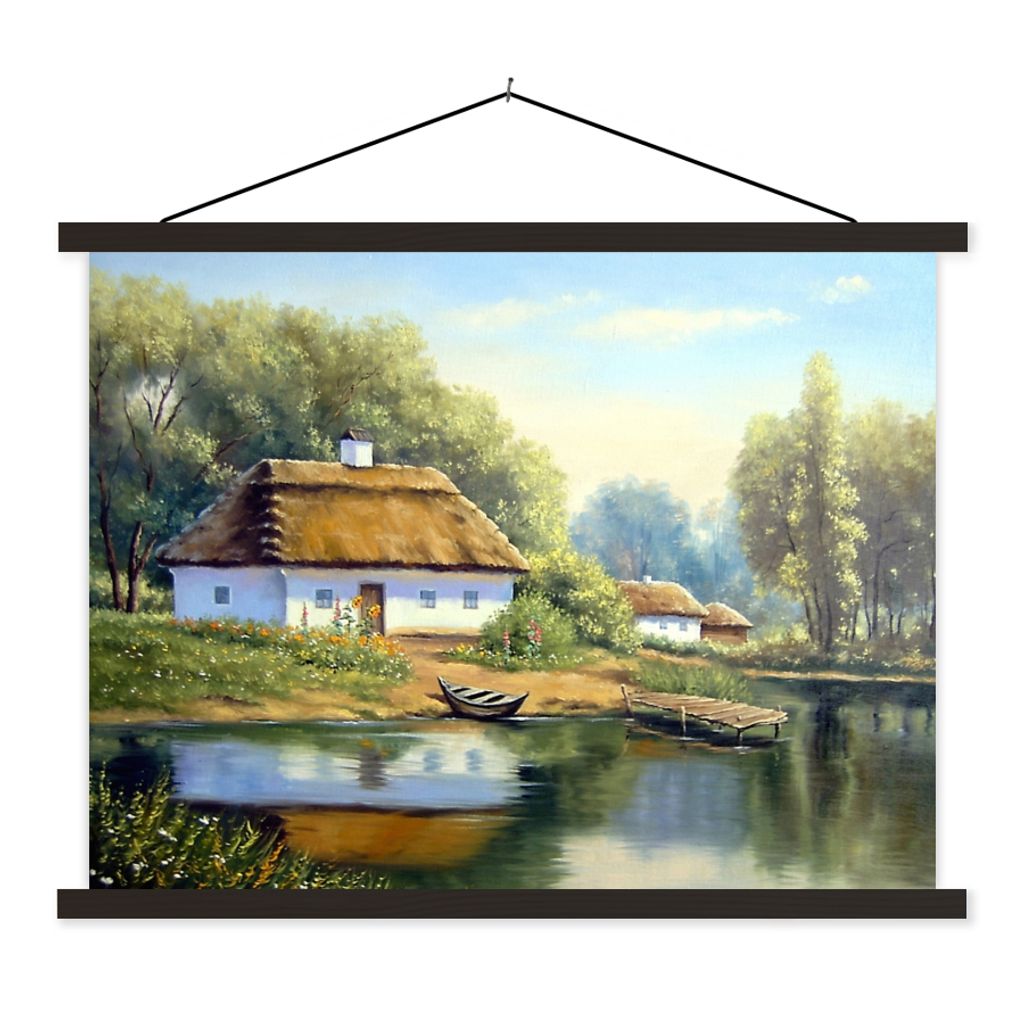 MuchoWow Textilposter Malerei - Haus - Natur - Wasser - Ölfarbe 60x45 cm mit schwarzem Rahmen - Poster Schlafzimmer