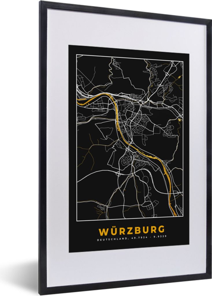 MuchoWow Gerahmtes Poster Stadtplan - Deutschland - Gold - Würzburg - Karte 40x60 cm - Poster mit Schwarzem Bilderrahmen Wandposter Rahmen Foto ...