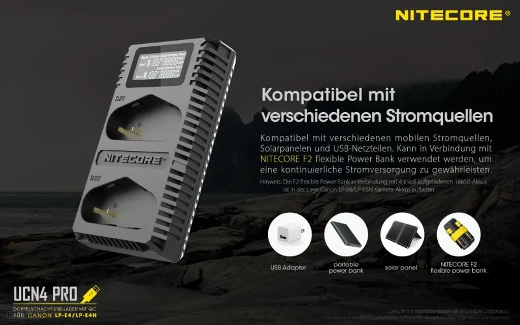Chargeur Rapide Nitecore UCN4 PRO avec Écran LCD pour Gamme Canon 1D - 4