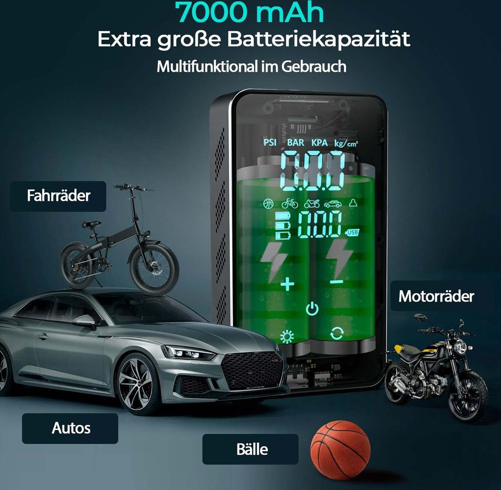 Olvy Luftkompressor, Mini Reifenpumpe 7000mAh, Elektrischer Produktbild 5