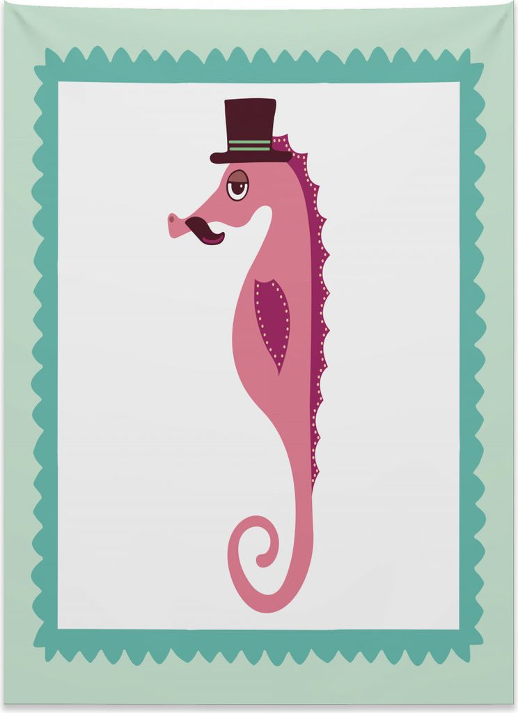 Abakuhaus Seahorse Wandteppich, Hipster Seepferdchen Hut aus Weiches Mikrofaser Stoff Kein Verblassen Klare Farben Waschbar, 110 x 150 cm, Mehrfarbig