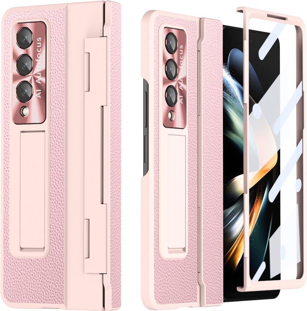 Galaxy Z Fold3 Hülle, Displayschutz & Objektivschutz Litschi Ständer Schutzhülle für Samsung Galaxy Z Fold 3 5G Pink