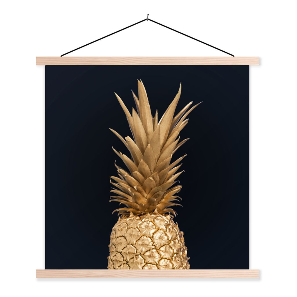MuchoWow Textilposter Ananas - Gold - Farbe - Schwarz - Obst - Luxus 60x60 cm mit holzfarbenen Rahmen - Wanddekoration