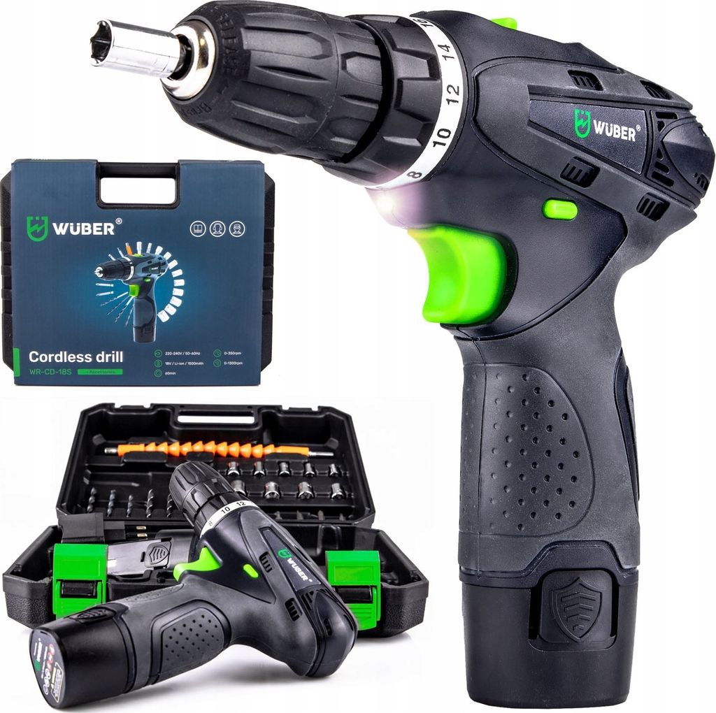 A collage of a cordless drill set, including the drill, its case, and accessories.