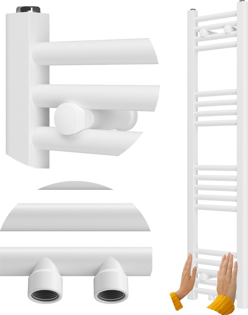 A white towel radiator is shown in a studio setting with parts of the radiator highlighted and a person's hands interacting with the radiator.