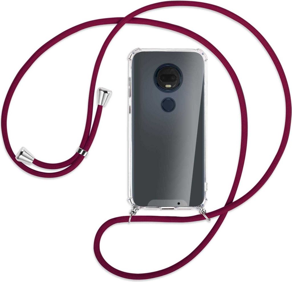 Handykette Backcover-Schutzhülle mit Band (Metall silberfarben) für Motorola Moto G7 / G7 Plus - dunkelrot