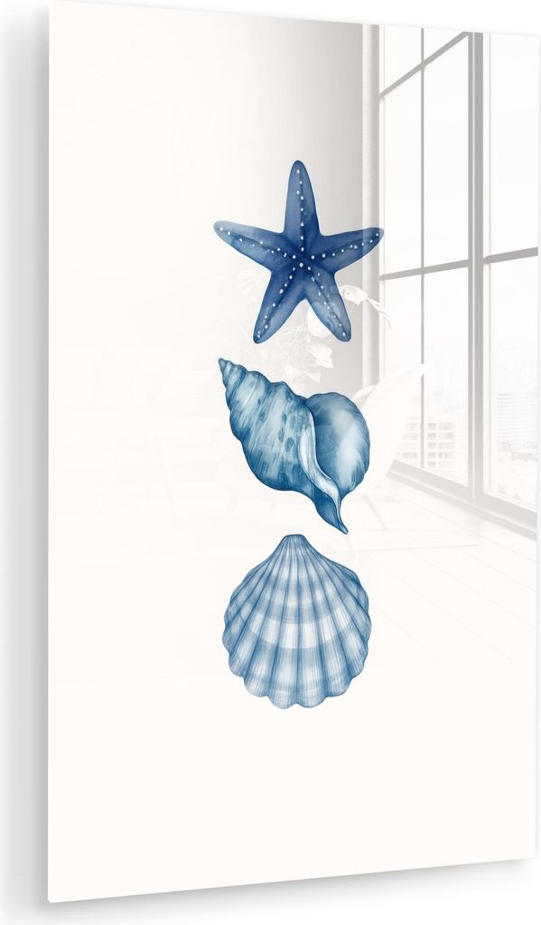 MuchoWow Glasbilder - Bilder auf Wandbild - Foto auf Glas Seestern - Muscheln - Blau 60x90 cm Wanddekoration aus Glas - Acrylglasbild - Acrylbilder...