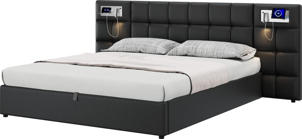 Polsterbett mit LED-Beleuchtung, Wireless Charger und Produktbild 