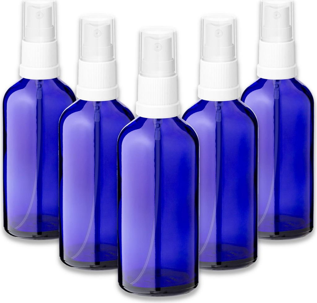 5x Blaue Glasflasche 100 ml mit weißem Zerstäuber Sprükopf Pumpspray