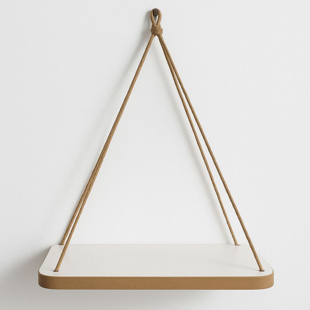 A white shelf with a brown trim, suspended by a brown rope against a white wall.