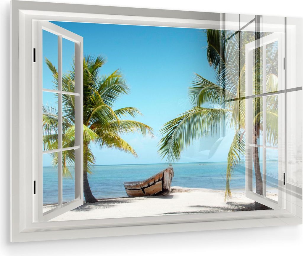 MuchoWow Glasbilder - Bilder auf Wandbild - Foto auf Glas Aussicht - Strand - Palme - Boot - Tropisch - Meer - Blau 60x40 cm Wanddekoration aus Gla...