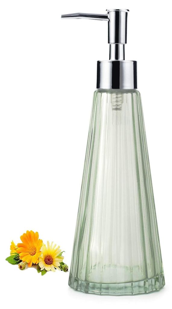 300 ml Handseifenspender für Bad und Küche, Seifenspender aus Glas mit silberfarbener Edelstahlpumpe, Flüssigseifenspender in elegantem und sch...