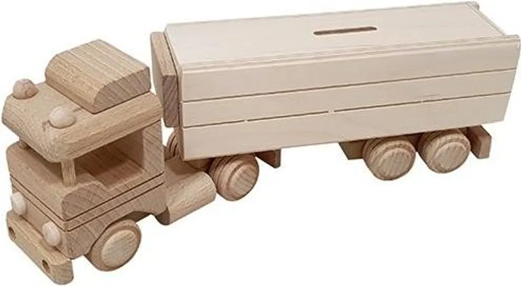 Camion en bois avec remorque tirelire en hêtre pour enfant 31 cm long