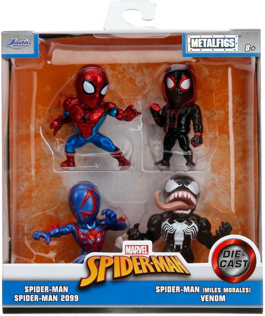 A retail package containing four Spider-Man themed die-cast figures.