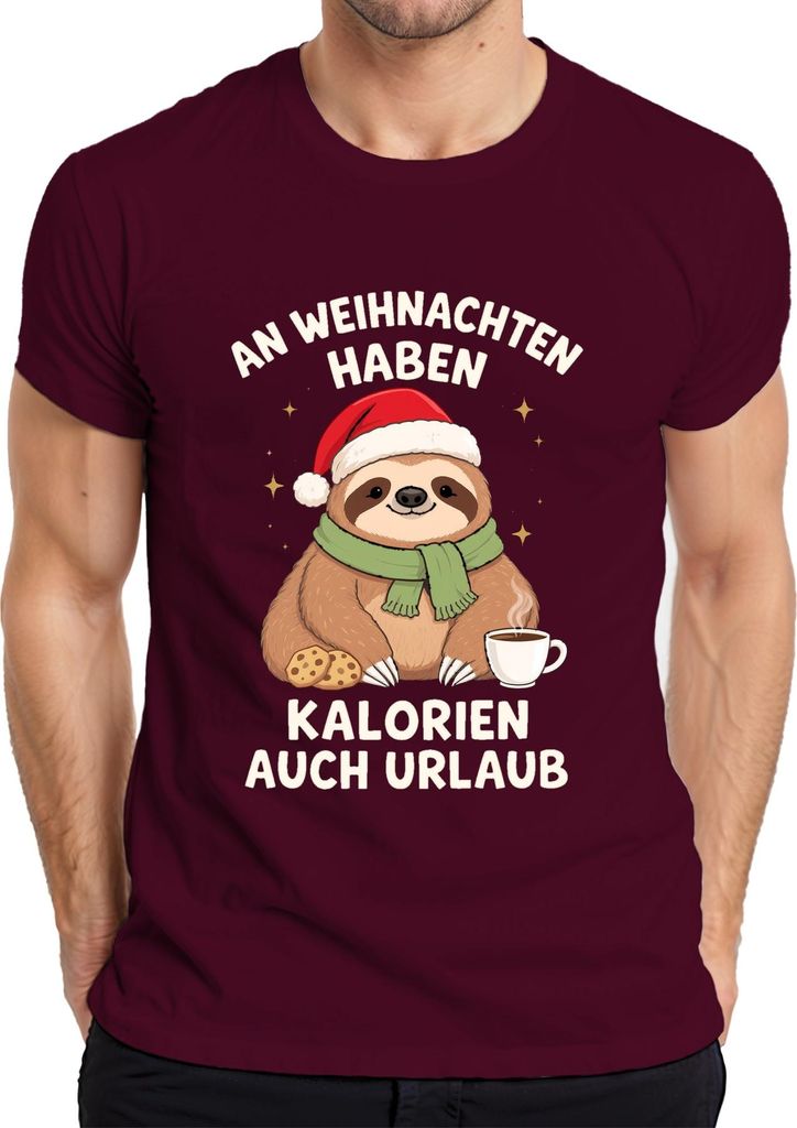 An Weihnachten haben Kalorien auch Urlaub Faultier lustig Keks Herren T-Shirt, Burgundy, XL