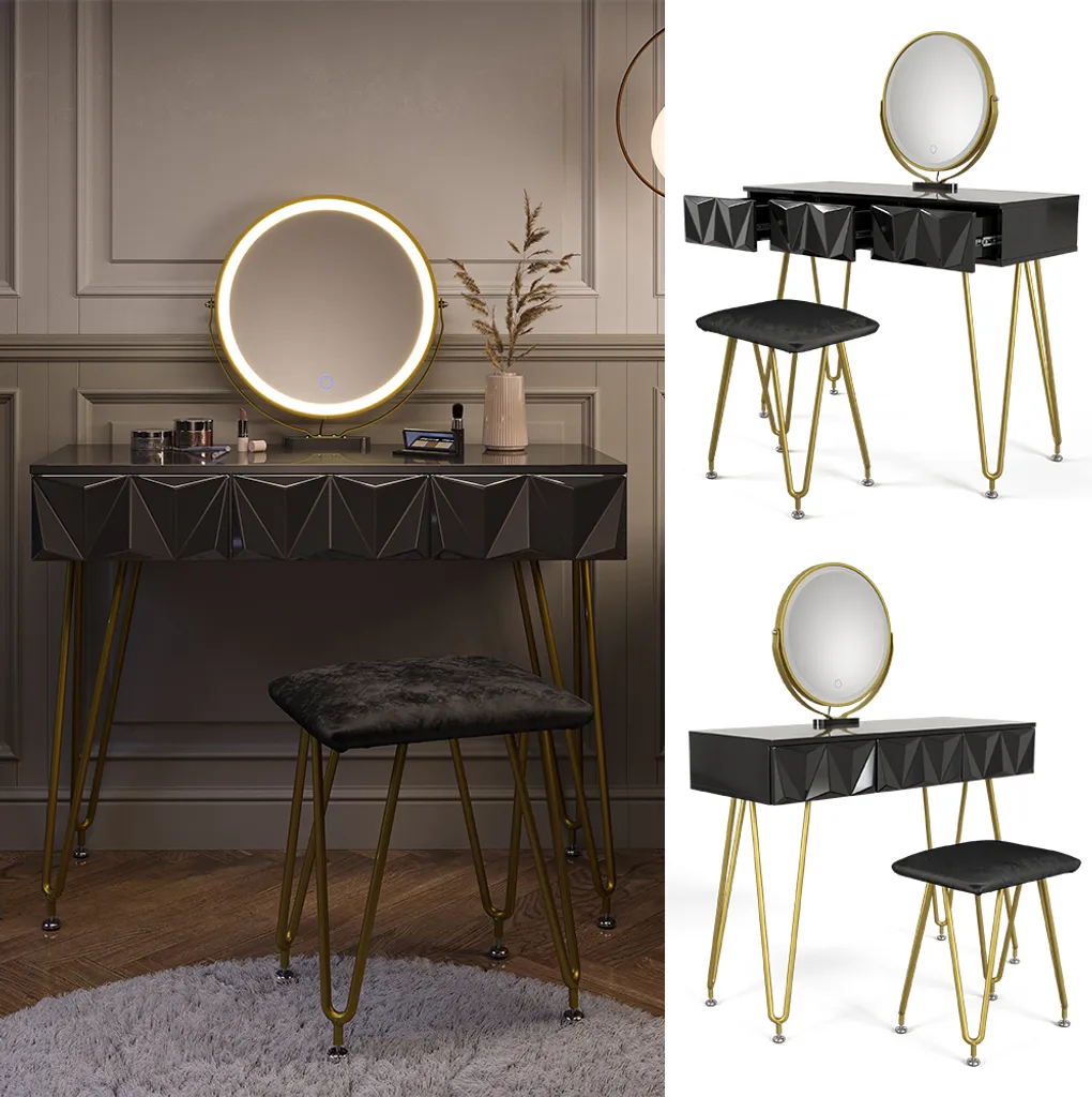 Coiffeuse Vicco Ruby Noir 100cm avec Miroir LED et Tabouret Model 40224
