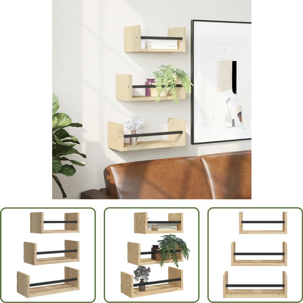 The Living Store 3-tlg. Wandregal-Set mit Stangen Sonoma-Eiche Holzwerkstoff