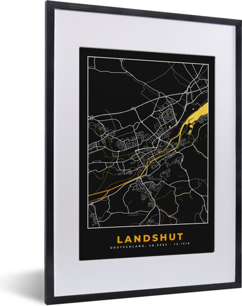 MuchoWow Gerahmtes Poster Schwarz und Gold - Stadtplan - Landshut - Deutschland - Karte 30x40 cm - Poster mit Schwarzem Bilderrahmen Wandposter R...