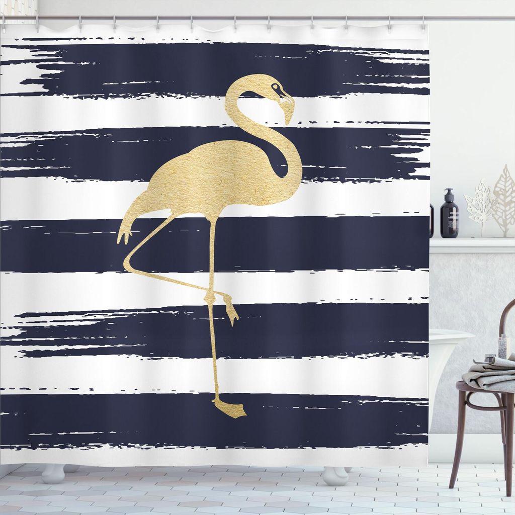 ABAKUHAUS Flamingo Duschvorhang, Süße Golden Yellow Flamingo Design-Thema mit Brushstroke Hintergrund, 175 x 200 cm, Dark Blue Senf Weiß