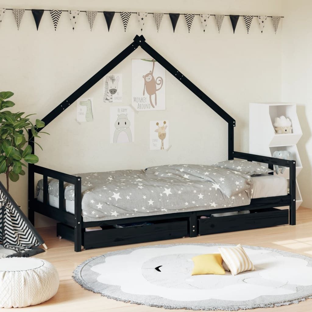 "2026 Promotion" Kinderbett mit Schubladen Schwarz 90x200 cm Massivholz Kiefer - Kinderbetten CC29882