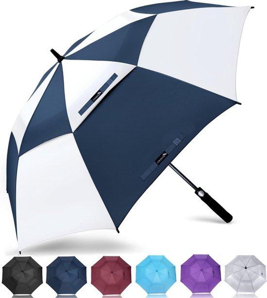 Golfschirm, hochwertig, kupfelform 157 oder 172 cm, wetter- und sturmbeständig, einfache Öffnungsmechanik, blau/weiß