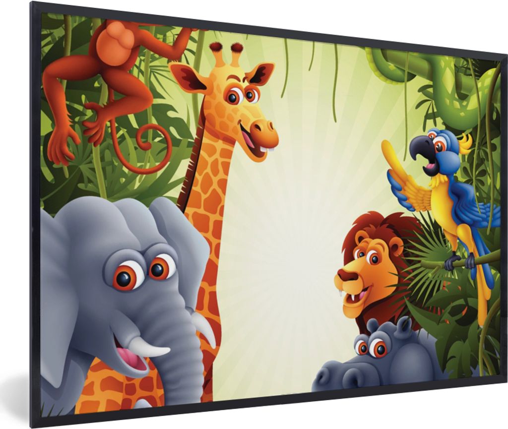 MuchoWow Gerahmtes Poster Dschungel - Jungen - Mädchen - Baby - Elefant - Löwe - Giraffe 30x20 cm - Poster mit Schwarzem Bilderrahmen Wandposte...