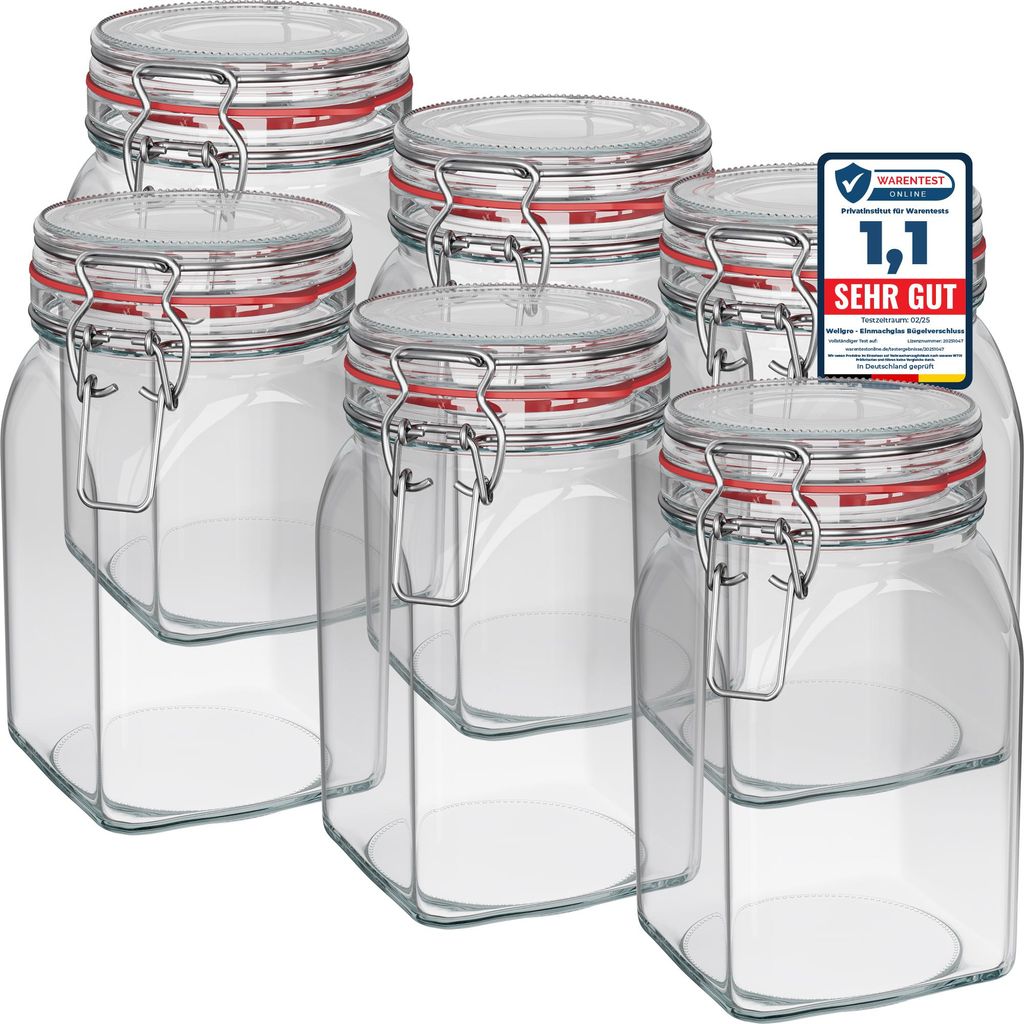 WELLGRO Einmachgläser mit Bügelverschluss eckig 1150ml - Produktbild 