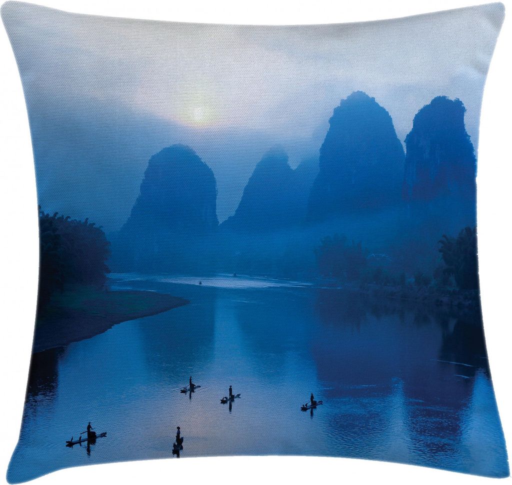 ABAKUHAUS Blau Kissenbezug, Sonnenaufgang Bambus Floß China, Waschbar mit Reißverschluss Kissenhülle mit Farbfesten Klaren Farben Beidseitiger D...