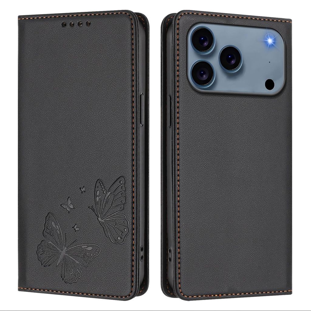 Lederhülle für iPhone 17 Pro, Schmetterling Prägung Leder Brieftasche Schutzhülle mit Ständer Schwarz